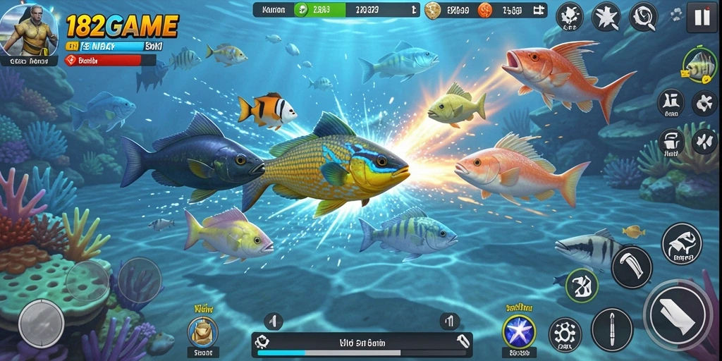 Screenshot utama 182GAME menampilkan aksi seru menembak ikan di laut.