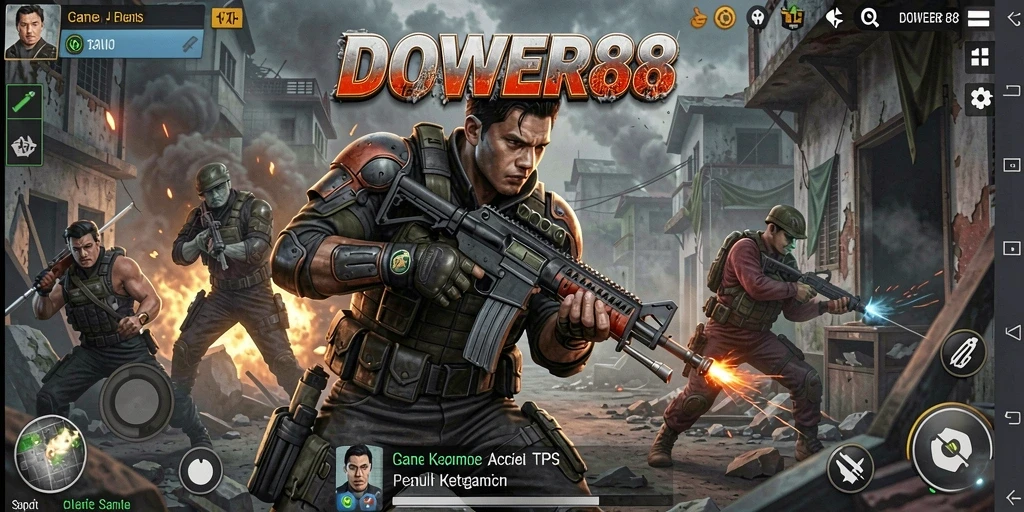 Screenshot DOWER88 menampilkan aksi pertempuran seru dalam game TPS.