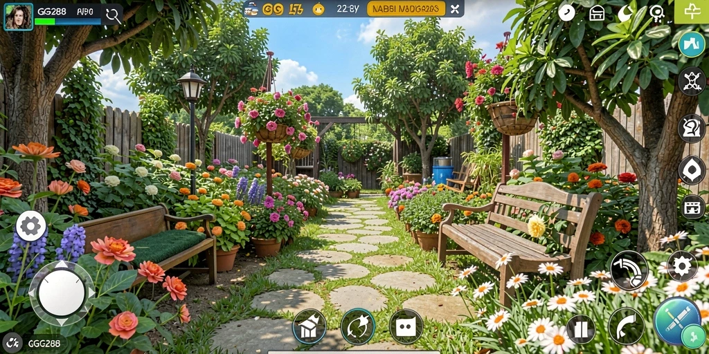 Tampilan gameplay GG288 dengan kebun yang subur dan tanaman yang beragam.
