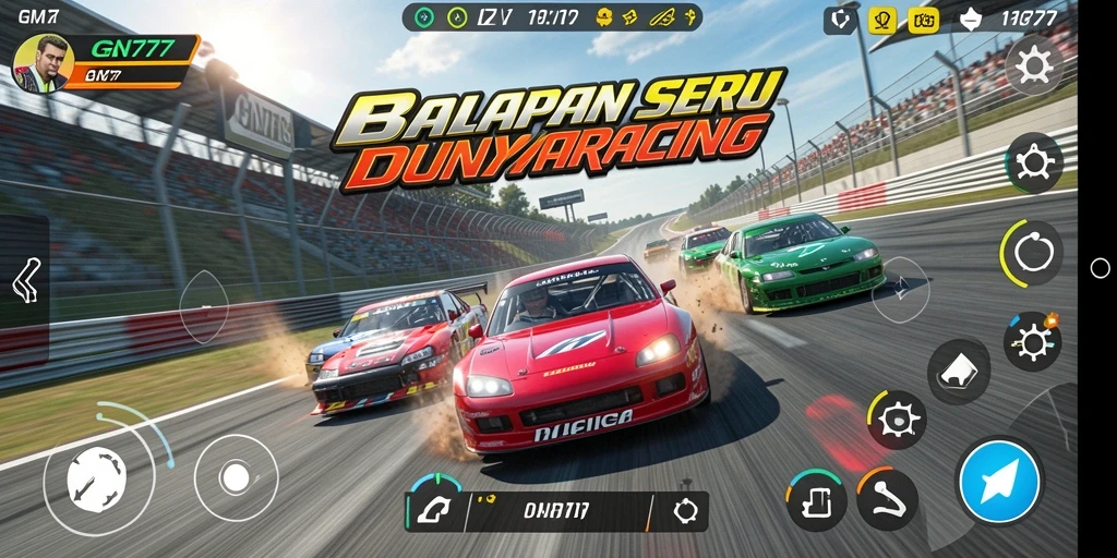 Screenshot utama menampilkan aksi balapan mendebarkan dalam GN777.