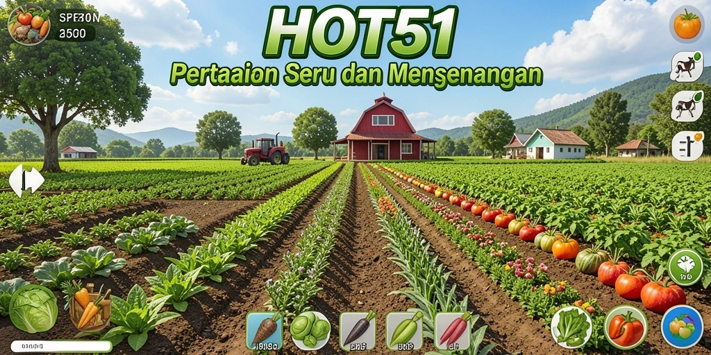 Tampilan gameplay HOT51 dengan kebun yang indah dan hewan ternak.