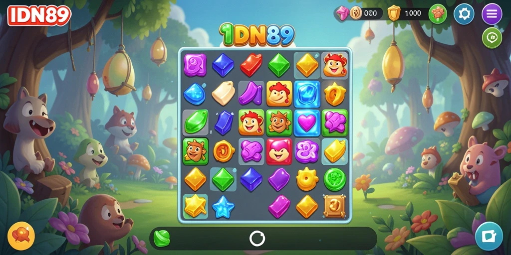 Tampilan gameplay seru dalam IDN89, game Match-3 yang menantang.
