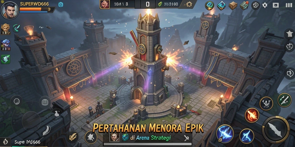 Screenshot gameplay SUPERWD666 menunjukkan aksi menara yang memukau.